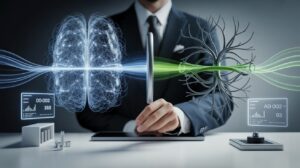 Split-screen of neural networks: left, intricate blue; right, efficient green; hand adjusts balancing dial.