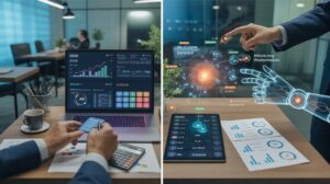 Split-screen office with ROI calculations, AI workflow, and digital collaboration tools.