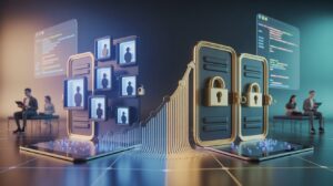 Split-screen showing AI monetization with freemium and premium doorways, revenue graph, tech design.