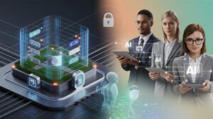 Split-screen showing zero-trust security and diverse professionals building AI apps on tablets.