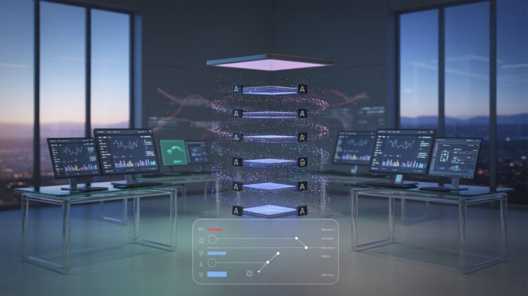 Technological workspace with holographic cloud display, AI nodes, and cityscape view at dusk.
