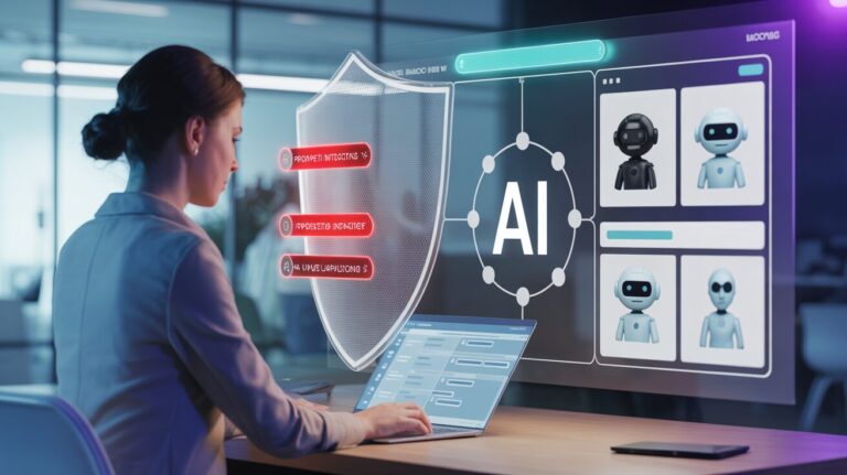 Web developer in office working on AI interface with security shield and warning indicators.