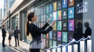 Woman arranges AI app cards on interactive display in sleek, tech-focused marketplace.