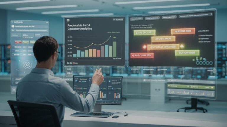 Business professional analyzes holographic SaaS analytics in modern data center control room.