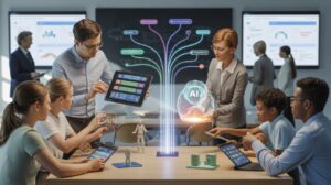 Diverse professionals in a tech-savvy classroom engage with holographic learning paths.