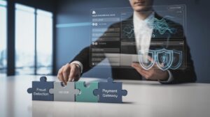 Fintech control center with holographic displays and drag-and-drop interface.