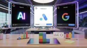 Futuristic command center with AI holographic screens and no-code workspace.