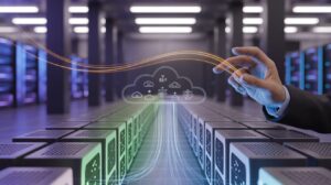 Futuristic data center with GPU racks, holographic cloud display, and digital light trails.