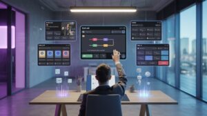 Futuristic workspace with holographic screens displaying automation platforms.