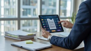 Legal professional using a tablet with AI interface to summarize documents, modern office setting.