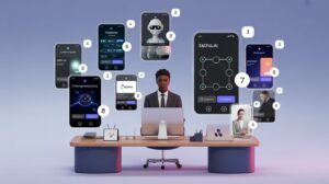 Minimalist workspace with holographic AI interfaces, Estha.ai highlighted, in blue-purple lighting.