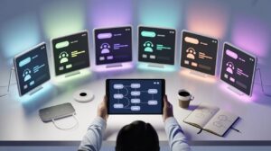 Minimalist workspace with six colorful AI chatbot screens, tablet, and tech elements.