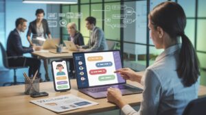 Modern office with digital onboarding process, laptop, smartphone, HR team, tech accents.