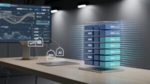 Modern tech workspace with 3D cache visualization, glowing blue streams, and holographic interface.