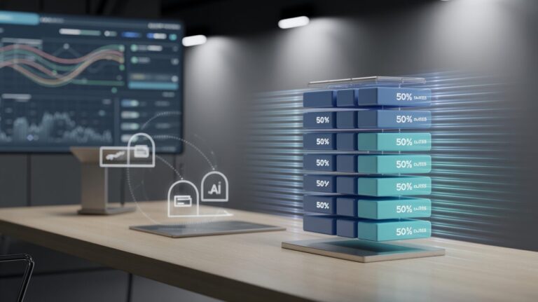 Modern tech workspace with 3D cache visualization, glowing blue streams, and holographic interface.