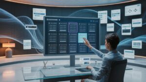 Modern workspace with holographic display of 3D form builders, ambient blue lighting.