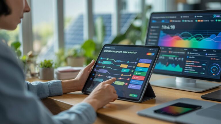 Person using tablet with drag-and-drop climate calculator, surrounded by eco-friendly workspace.