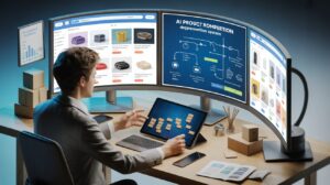 Professional workspace with entrepreneur, curved monitors, AI blueprint, and e-commerce elements.