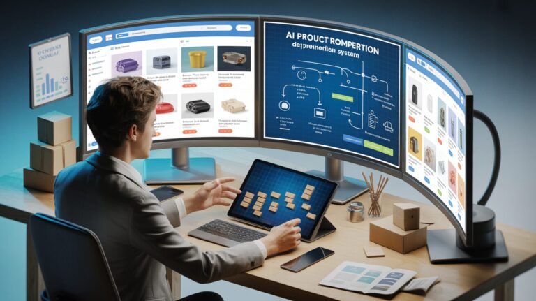 Professional workspace with entrepreneur, curved monitors, AI blueprint, and e-commerce elements.