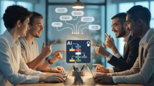 Professionals engage with a digital interface for multilingual AI and no-code flowcharts.