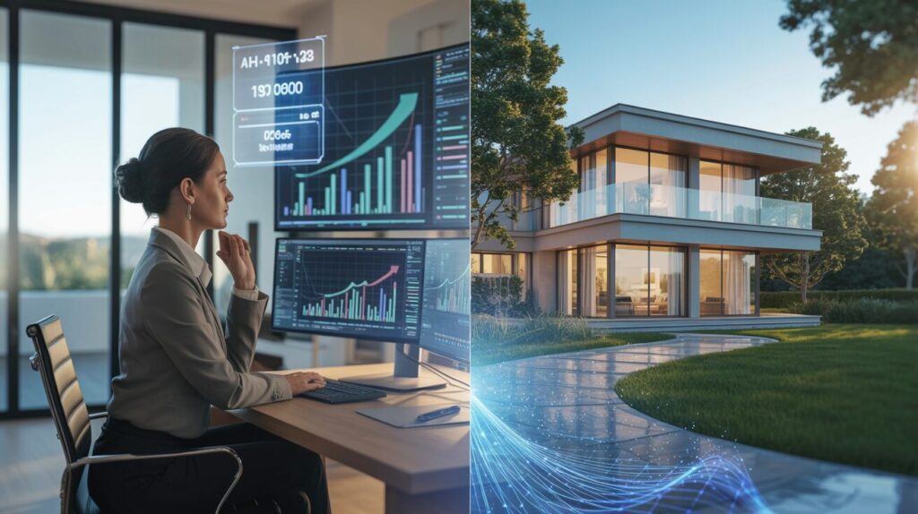 Realtor at modern office with analytics, luxury home in afternoon light.