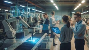 Robotic arm scans products on a conveyor belt in a sleek factory with blue holographic displays.