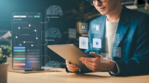Sleek workspace with split-screen AI app interface, holographic icons, and warm lighting.