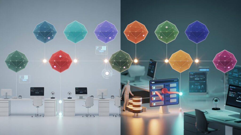 Split-screen of 3D network patterns and AI interface in a tech office with glowing nodes.