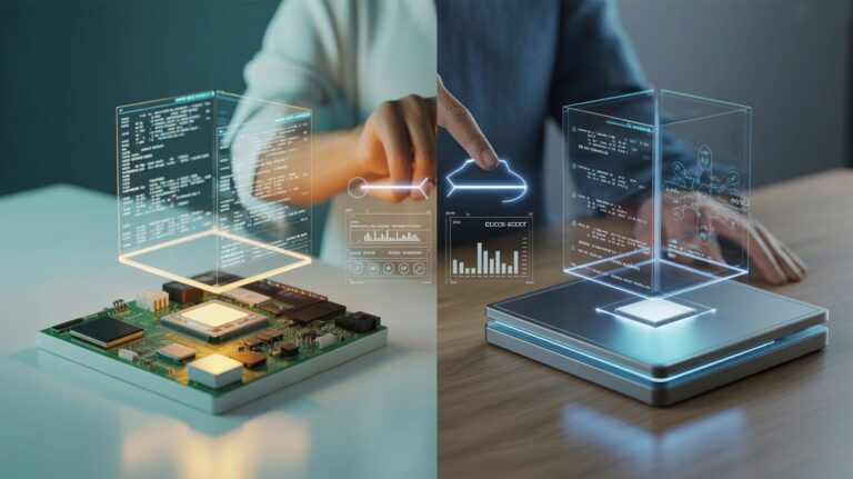 Split-screen of open-source circuit board and proprietary black box, with holographic data between.