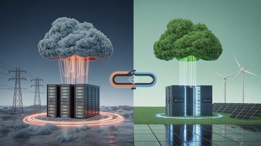 Split-screen of power-hungry vs eco-friendly data centers, linked by interface.