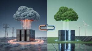 Split-screen of power-hungry vs eco-friendly data centers, linked by interface.