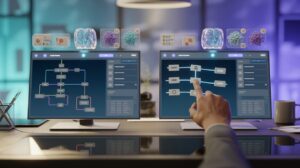 Split-screen view of AI tools: node-based scripting vs. drag-link interface with holographic elements.