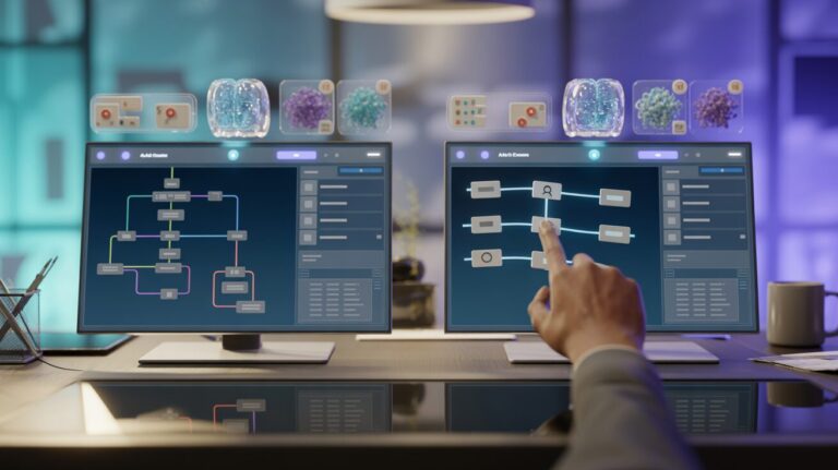 Split-screen view of AI tools: node-based scripting vs. drag-link interface with holographic elements.