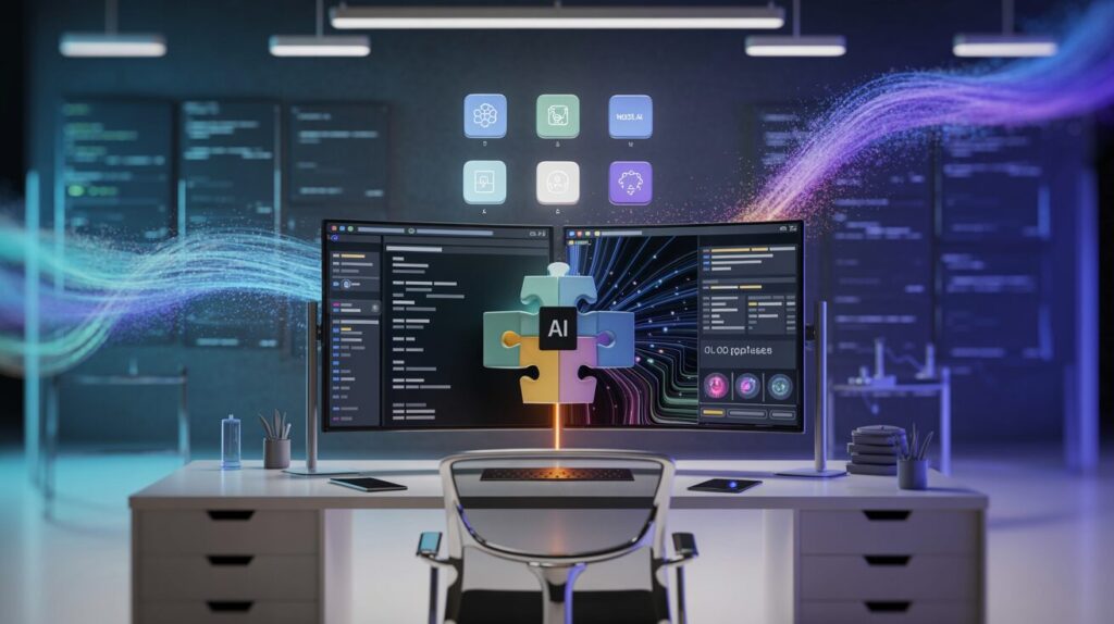 Split-screen view of low-code and no-code MLOps platforms; complex coding vs. intuitive interface.