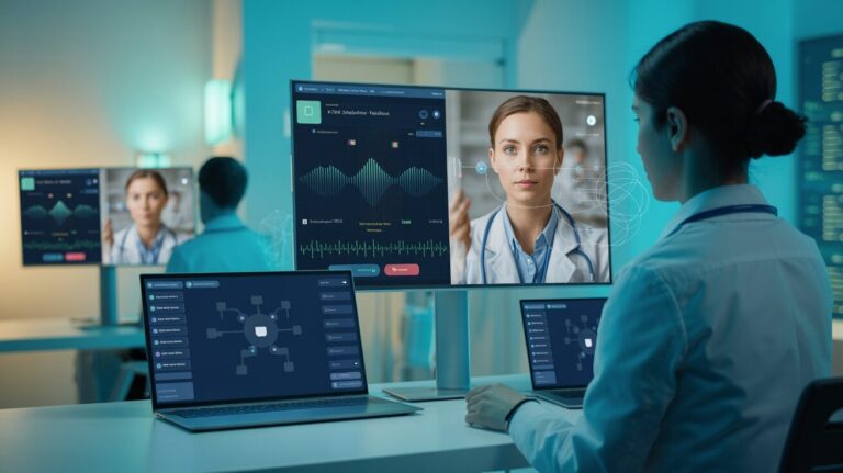 Telehealth interface with AI voice tech in a modern medical setting.