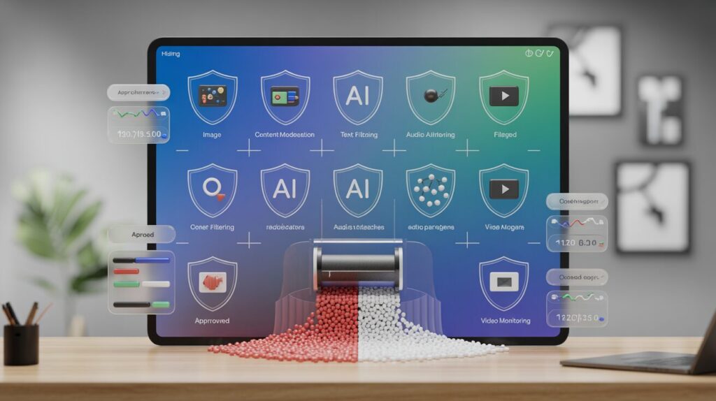 Twelve AI shield icons on blue-teal gradient, holographic data flow and charts.