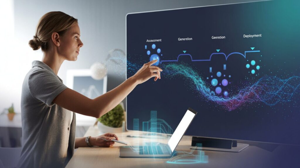 Woman in modern workspace using touchscreen with vibrant data workflow diagram.