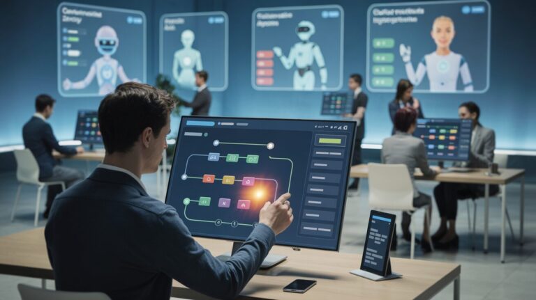 Workspace with touchscreen AI app creation, holographic displays, diverse team.