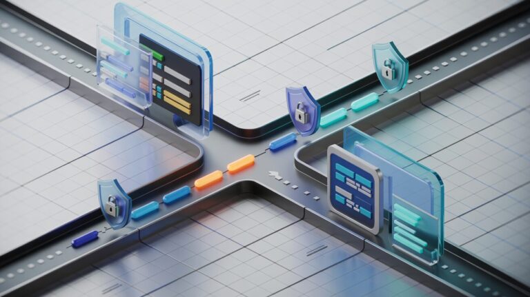 3D OAuth 2.0 architecture with glowing tokens, security layers, and tech aesthetics in blue tones.