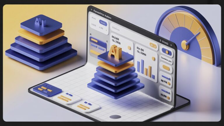 AI SaaS pricing models with tiered pyramid, usage meter, drag-and-drop blocks, analytics on white grid.