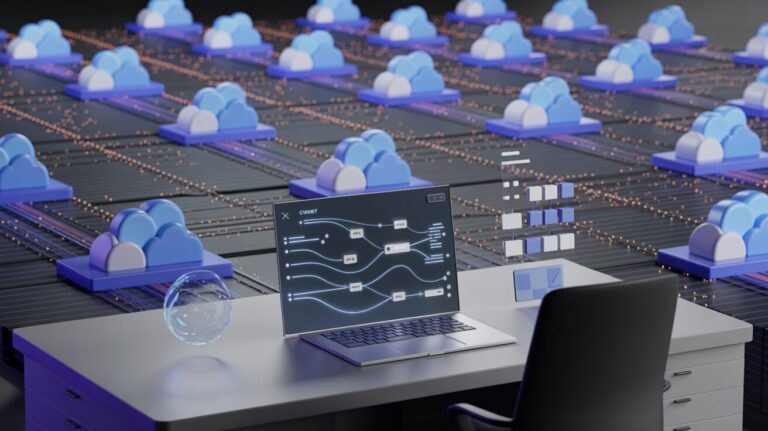 Futuristic tech scene with cloud nodes, holographic display, and glowing blue-purple lighting.