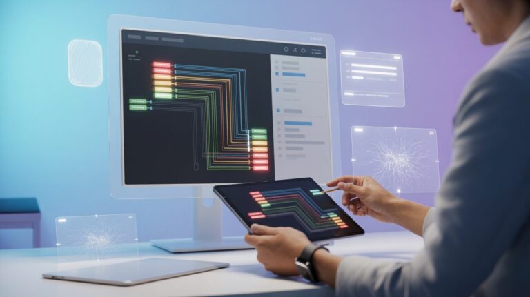 High-tech workspace with split-screen debugging, flowchart tracing, and no-code AI tools.