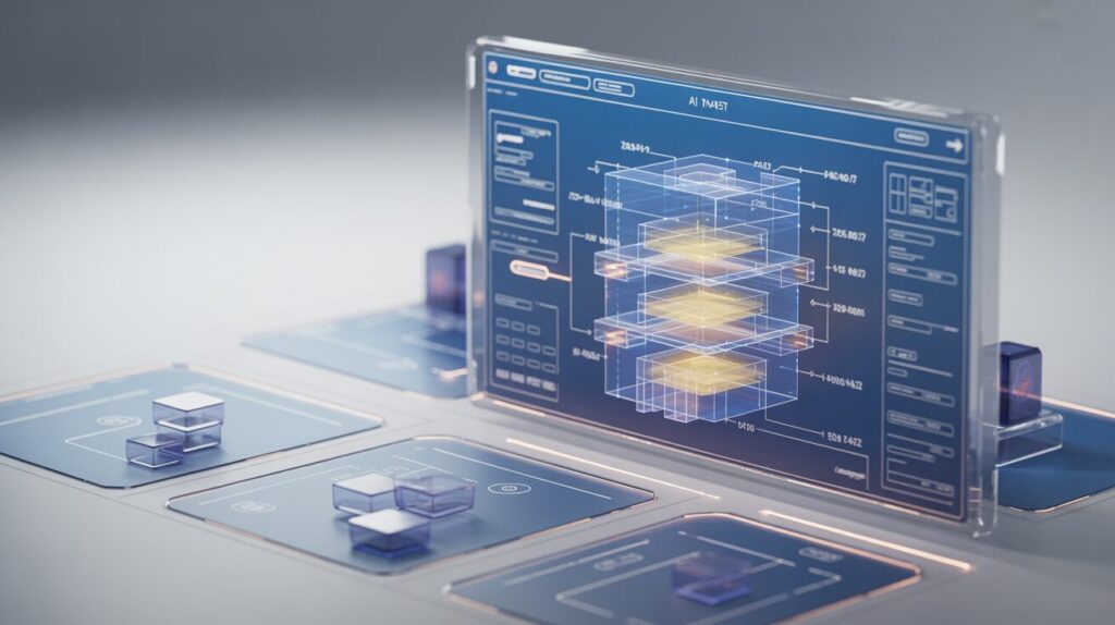 Holographic AI blueprint with glowing lines, component layers, and data nodes on white gradient.