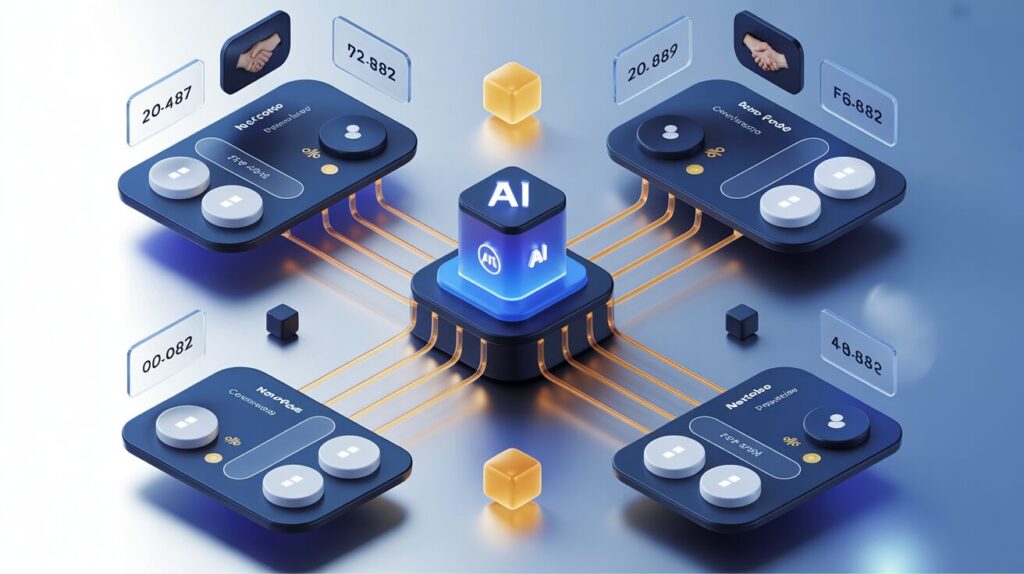 Isometric illustration of a central AI platform with golden pathways linking partner nodes, forming a tree-like network.