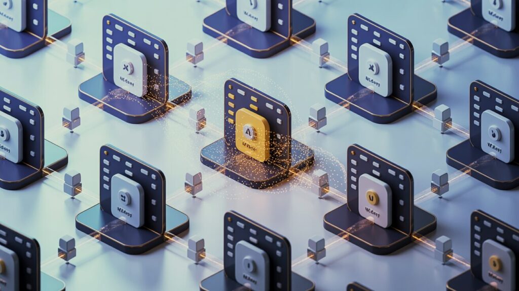 Isometric illustration of interconnected nodes with AI widgets in blue and gold, showing exponential growth.