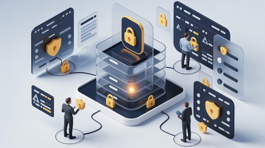 Isometric secure platform interface with role-based access control, glowing dashboard, avatars, and security icons.