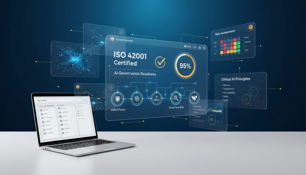 Modern compliance dashboard with ISO 42001 checkmarks, AI diagrams, and sleek UI elements.