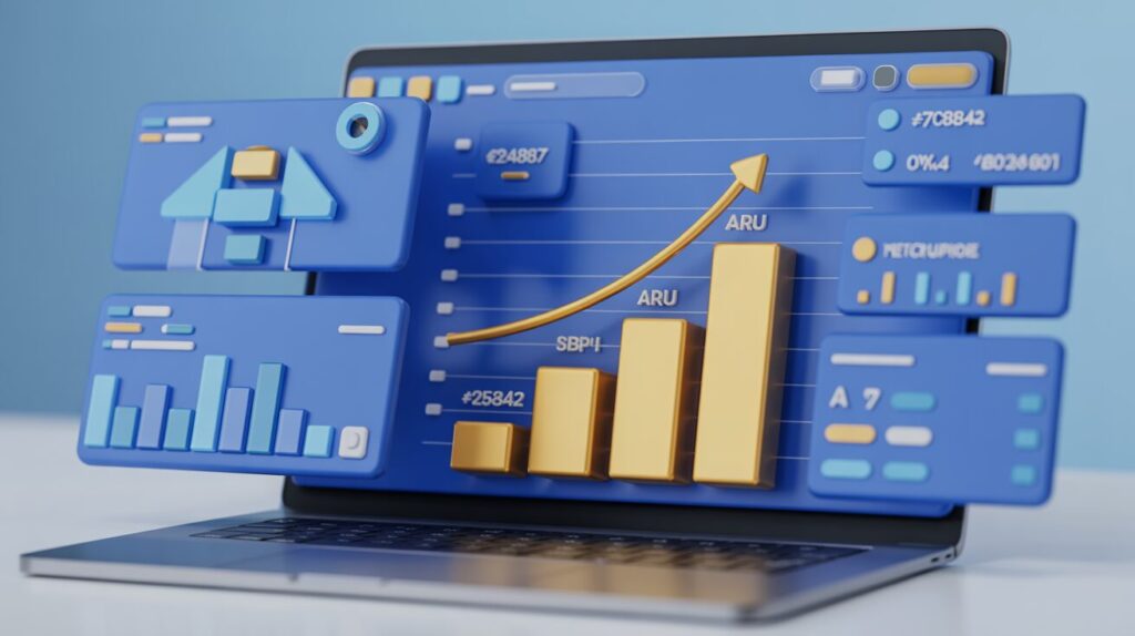 Modern dashboard with blue and gold accents, showing revenue growth and SLA metrics on a laptop.