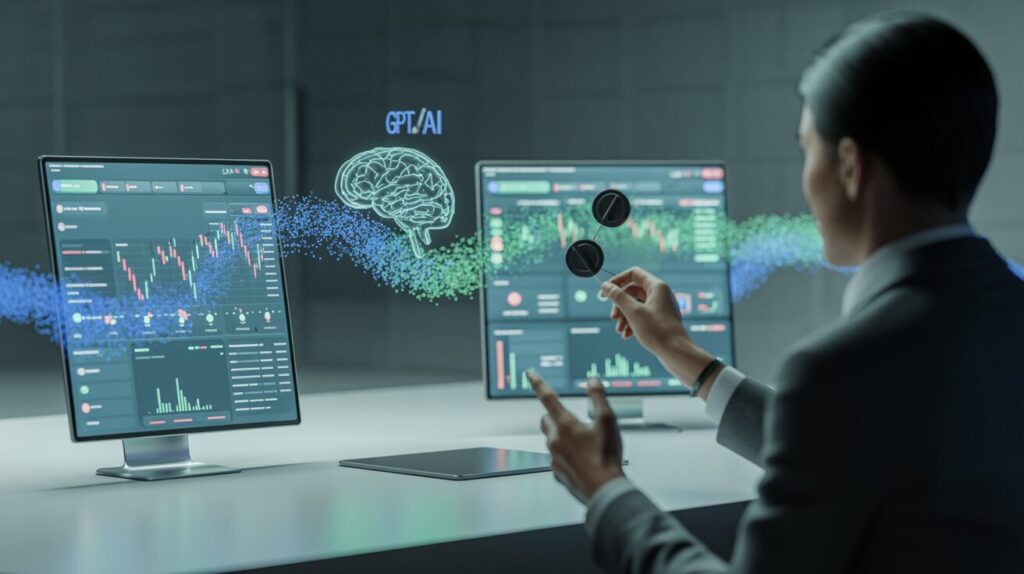 Modern financial dashboard with data streams and AI interface, professional setting.