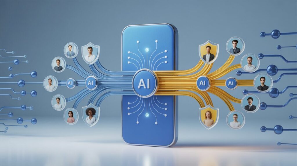 Modern interface with AI icons, data nodes, privacy shields, diverse avatars, blue-yellow gradient.